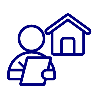 Icon of a person holding a document with a house beside them, depicted using simple, dark blue lines. Perfect for illustrating rental property management in East Hampton.