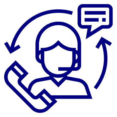 A blue icon depicting a customer service representative wearing a headset. Enclosed by two arrows forming a circle, the icon also features a speech bubble and telephone handset. This symbolizes the seamless communication and support provided in Luxury Home Management East Hampton.