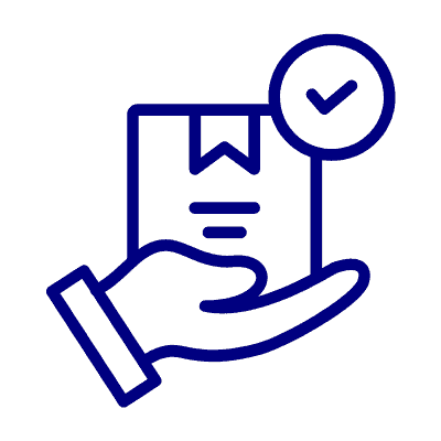 A blue outline icon of a hand holding a package. The package has a bookmark symbol and a checkmark beside it, indicating approval or verification. This icon represents confirmed or completed delivery, ideal for Luxury Home Management East Hampton services ensuring top-notch service verification.