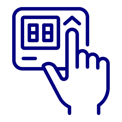 Icon of a hand pressing a button on a control panel or interface, with two windows or screens displayed and an upward arrow indicating an increase action. The icon is blue, features clear outlines, and embodies the efficiency of Property Management East Hampton.