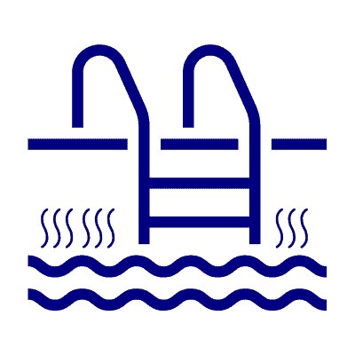 A simple blue line drawing of a swimming pool ladder with two parallel handrails and three steps. The lower part features wavy lines representing water, with steam lines rising from the water, indicating that it is a heated pool—perfect for Luxury Home Management East Hampton clients.