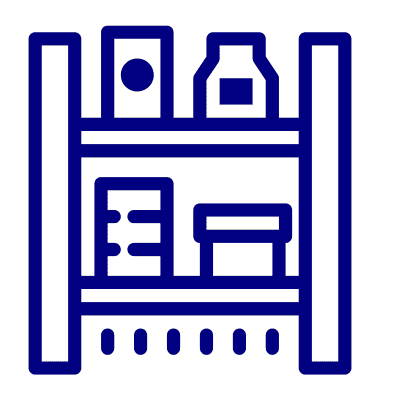 A simple, blue line drawing of a pantry shelf containing various items. The shelf has three tiers with boxes, jars, and containers placed on them in an organized manner, much like the meticulous organization found in luxury home management East Hampton properties.