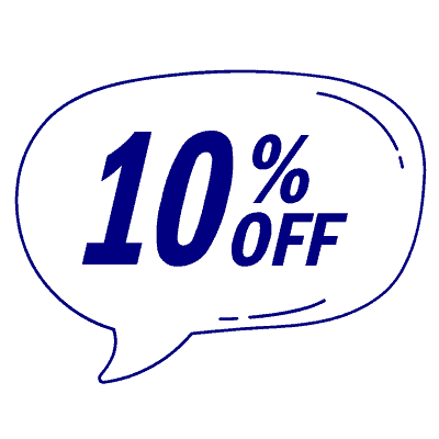 A speech bubble-shaped graphic with the text "10% OFF" written inside in bold, blue letters. Perfect for promoting discounts on Luxury Home Management East Hampton services.