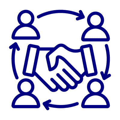 A blue outline illustration of a handshake in the center, surrounded by four stick-figure people with arrows pointing between them, symbolizing collaboration and teamwork, ideal for showcasing Luxury Home Management in East Hampton.