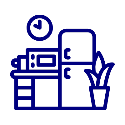 An outline icon of a kitchen featuring a refrigerator, a microwave on a counter, a wall clock, and a potted plant. The items are arranged in a simple, compact space, symbolizing a typical kitchen setup often managed by Property Management East Hampton.