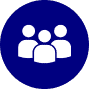 Icon of three white silhouettes representing people, arranged in a group on a dark blue circular background.