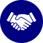 A white handshake icon on a blue circular background.